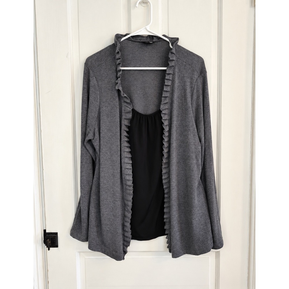 East 5th Woman Grey Ruffle Trim Open Front Cardigan Sweater 1X Heathered Knit